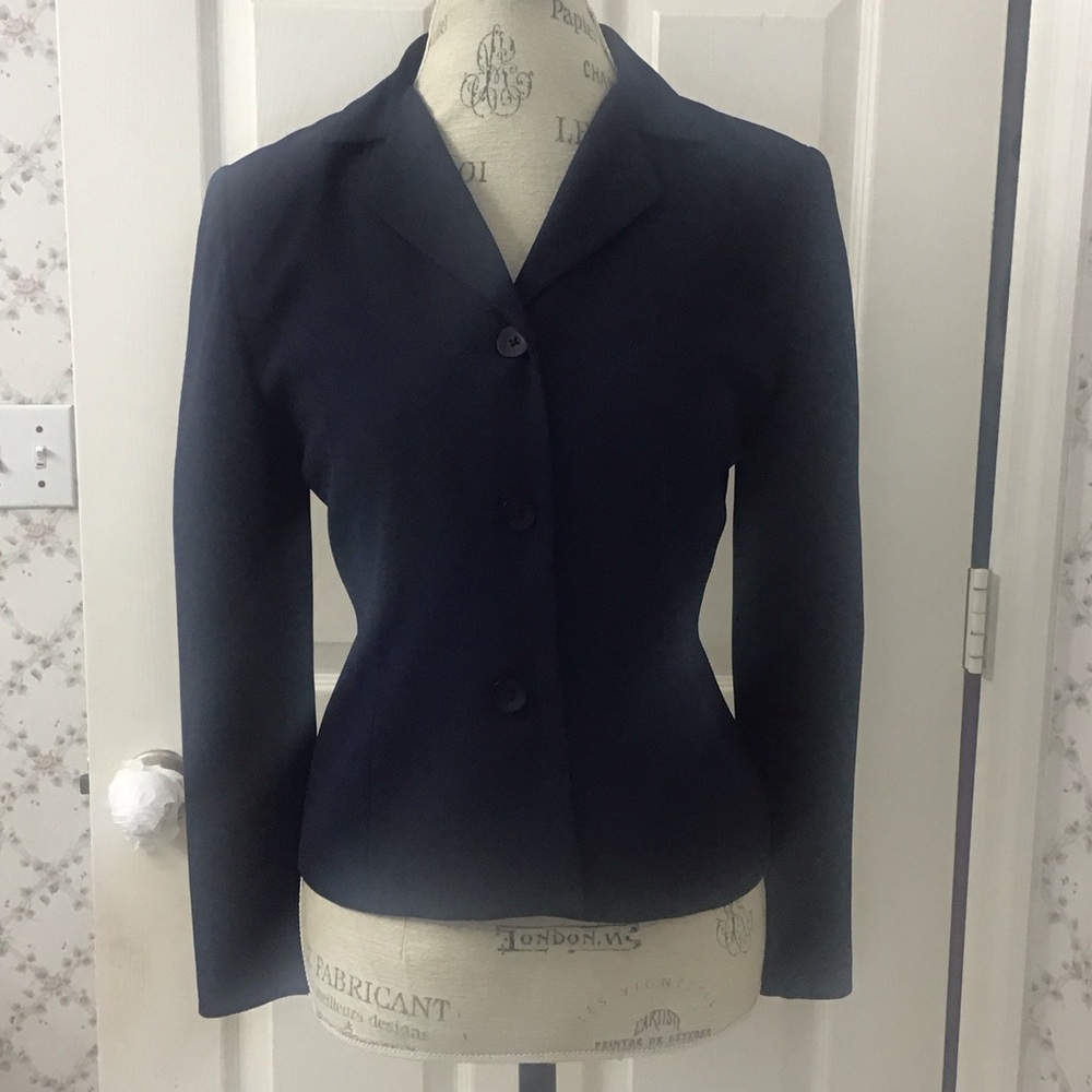 Karen Scott Petites Vintage Sz 4P Dark Navy Blue 3 Button Down Tailored Blazer.